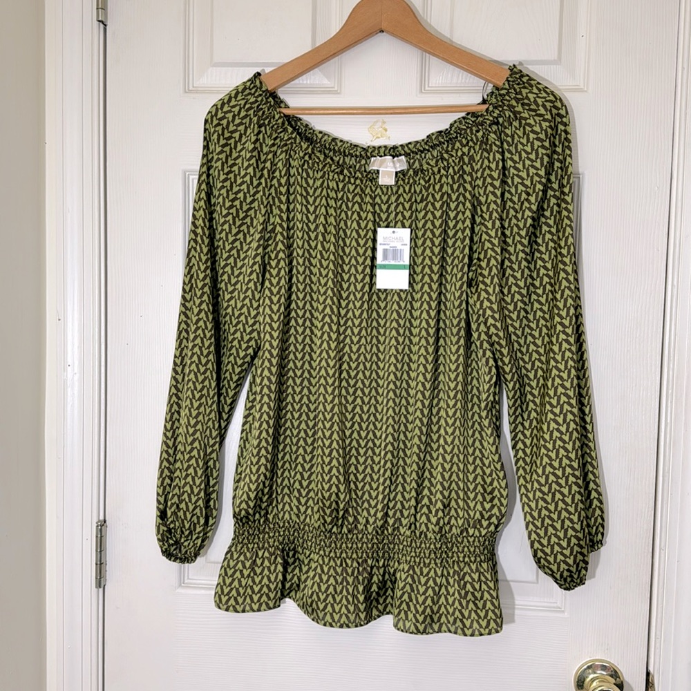 NWT Michael Kors Women’s Top Size Large Brown & Green long Sleeves Blouse - Picture 1 of 5